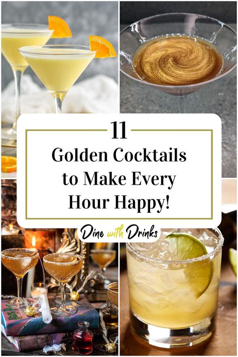 Collage of 4 golden cocktails. Golden Drinks Alcohol, Gold Alcoholic Drinks For A Party, Cocktails With Gold Flakes, Gold Glitter Drink, Golden Birthday Drinks, Gold Shots Alcohol, Golden Bachelor Watch Party Food, Golden Alcoholic Drinks, Anniversary Drinks Cocktails