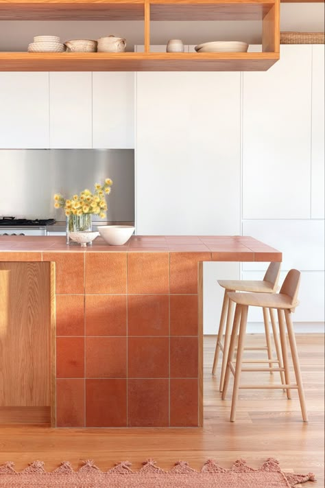 Choosing materials for kitchen benchtops, splashbacks and islands | Artedomus Elevated Walkway, Kitchen Benchtops, Tile Countertops, Interior Design Awards, Terracotta Tiles, Kitchen Reno, Queensland Australia, Kitchen Tiles, Sunshine Coast