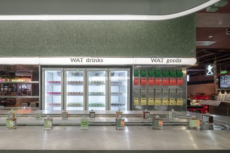 Variety Store Design, Concept Store Ideas, Convenience Store Design, Green Restaurant, Green Terrazzo, Module Design, Supermarket Design, Tokyo Design, Cafe Interior Design