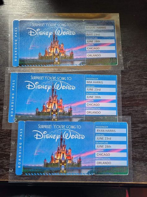 BIG THANKS for another mom in this group for the idea... I made "fake" tickets for our kids 1st Disney trip. And had them laminated at Staples for their keepsake boxes. We're 70 days out but I've been hiding clothes and secretly packing for our trip while they're in school. We'll surprise them the night before we leave 😁 1st Disney Trip, Disney Vacation Surprise, Orlando Florida Vacation, Disney Trip Surprise, Family Disney Shirts Matching, Disney Surprise, Surprise Vacation, Disney Word, Disney Family Vacation Shirts