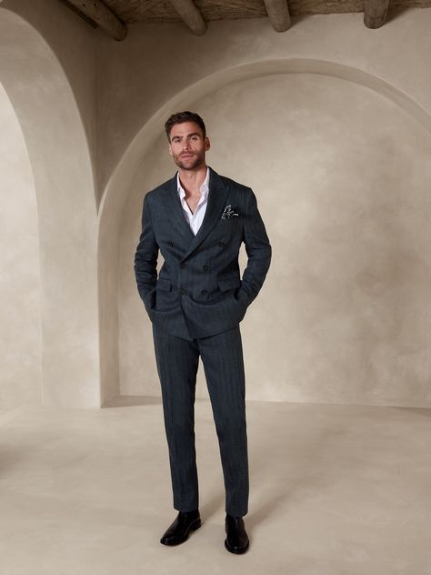 Cut from a unique herringbone-weave fabric, this tailored pant is crafted from a mix of wool and linen, dyed an indigo-blue hue to mimic the look of denim.  TAILORED SLIM FIT: Mid-rise.  Tapered through the leg, with a slim leg opening and distinctive break at the hem.  Zip fly with button closure.  Belt loops.  Front and back pockets.  Unlined.  TAILORED SLIM FIT: Mid-rise.  Tapered through the leg, with a slim leg opening and distinctive break at the hem.  Inseams: Short 29. 5", Regular 31. 5" Suit Inspiration Mens, Summer Double Breasted Suit Men, Men Formal Wedding Attire, Men’s Suit For Wedding, Italian Wedding Suit For Men, Suits Men Graduation, Black Tie Wedding Mens Attire, Navy Blue Wedding Suit Groom Attire, Men’s Blazers