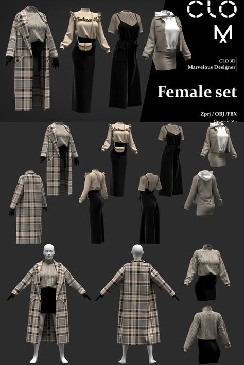 ArtStation - Female set / Marvelous Designer/Clo3D project file + OBJ by Naama in Resources  Resources Background Birthday, Marvelous Designer, Game Assets, 3d Design, Birthday, Design