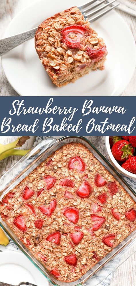 Top image shows a piece of strawberry banana bread baked oatmeal on a small white plate. Bottom image shows an overhead view of a baking dish full of strawberry banana bread baked oatmeal. Strawberry Banana Recipes, Strawberry Banana Desserts, Banana Oatmeal Bars, Banana Bread Baked Oatmeal, Strawberry Banana Bread, Banana Baked Oatmeal, Strawberry Breakfast, Strawberry Bread, Strawberry Oatmeal