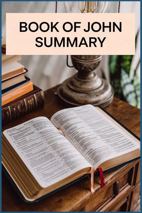 Open Bible on a wooden table beneath a sign reading "Book of John Summary". Synoptic Gospels, Gospel Of John, True Vine, I Am Statements, Divine Nature, Bible Study Tools, Spiritual Truth, The Good Shepherd, Jesus Lives