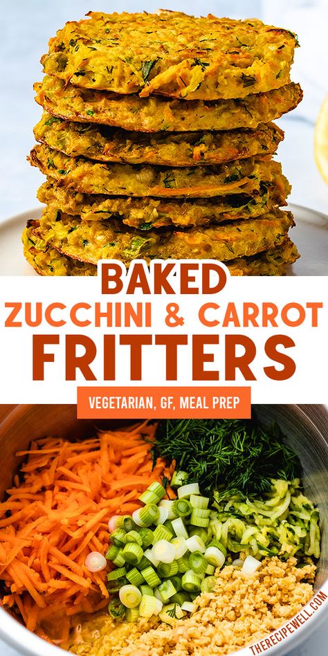 Zucchini Carrot Fritters, Vegetarian Mealprep, Carrot Fritters, Veggie Fritters, Zucchini Carrot, Vegetarian Gluten Free, Baked Zucchini, Bake Zucchini, Zucchini Fritters