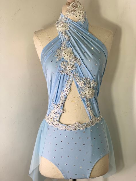 Custom Dance Costume design, custom dance design, lyrical dance costume, blue lyrical dance costume, custom dance costume, custom costume   This listing is for this sky blue halter dance costume with with beaded Appliques and Swarovski stones with french alencon lace  and preciosa crystal ab rhinestones. fully lined headpeice included You can choose the style skirt for this Lyrical Costume; with an asymmetrical mesh circle skirt, or back skirt or even circle skirt etc.  It has a draped nylon spa Dance Costume Ideas Contemporary, Lyrical Solo Costumes, Blue Dance Costumes, Green Dance Costume, Lyrical Dance Costumes Solo, Dance Costume Ideas, Dance Costume Design, Lyrical Dance Costumes, Solo Dance Costumes