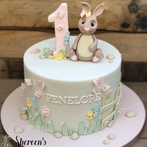 Shereen on Instagram: “A little first birthday bunny cake made this week. I loved working with such muted colours for a special cake like this x #bunny #cake…” Birthday Cake 1st, One Year Birthday Cake, Baby 1st Birthday Cake, Butterfly Pastel, Tårta Design, Bunny Butterfly, Bunny Birthday Cake, Girls First Birthday Cake, 1st Bday Cake