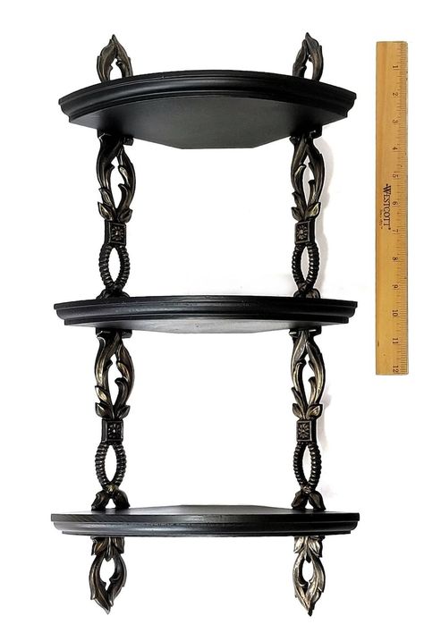 Gothic Shelves, Witchy Bathroom Decor, Wood And Metal Shelf, Gothic Home Interior, Gothic Shelf, Gothic Bathroom Decor, Victorian Gothic Decor, Wood And Metal Shelves, Corner Wall Shelf