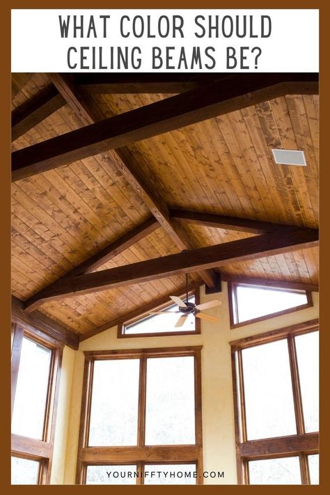 Beadboard Ceilings With Beams, Dark Walnut Ceiling Beams, Wood Beams In Kitchen Ceilings, Wood Ceiling Stain Colors, Wood Ceiling With Black Beams, Pine Ceiling With Beams, Stained Vaulted Ceiling, What Color To Paint Ceiling Beams, Painted Wood Ceiling With Beams