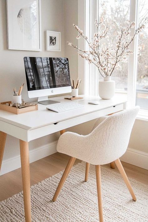 Minimalist Dream_home_office_decor (17) Minimalistic Room Inspiration, Office Decor White Desk, Minimal Work Desk, Minimalist Desk Ideas, Office Desk Ideas At Work, Aesthetic Office Space, Work Desk Ideas, Minimalist Home Office Ideas, Small Office Space At Work