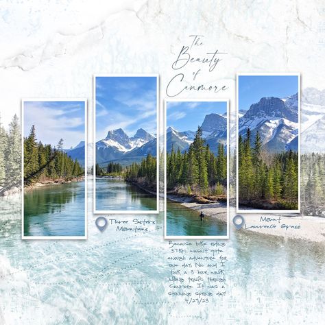 Photo Book Inspiration, Scrapbooking Retreats, Scrapbook Fonts, Scrapbooking Layouts Travel, Photobook Layout, Canmore Alberta, Photo Cropping, Photo Album Design, Scrapbook Flowers