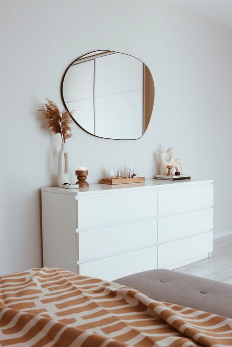 Malm Drawers Bedroom, Ikea Bedroom Drawers, Ikea Chest Of Drawers Bedroom, Malm Chest Of Drawers Decor, Malm Drawers Styling, Ikea Malm Dresser Decor, Minimal Bedroom Furniture, Malm Decor Ideas, Chest Of Drawers Decor Bedroom