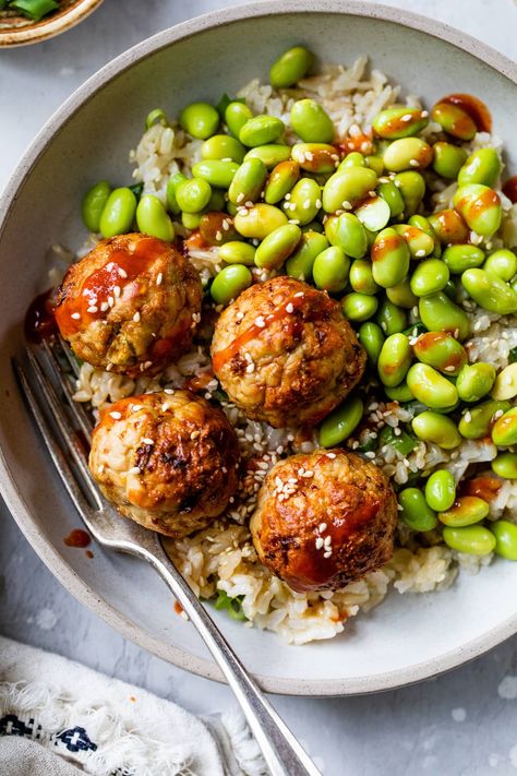 Air Fryer Asian Turkey Meatballs with rice and edamame is a healthy meal for dinner or lunch and great for meal prep! #groundturkey #meatballs #airfryer #dinner #healthydinner Rice And Edamame, Ground Turkey Meatball Recipes, Airfryer Dinner, Low Carb Turkey Meatballs, Ww 2023, Turkey Entrees, Shelled Edamame, Asian Turkey Meatballs, Asian Turkey