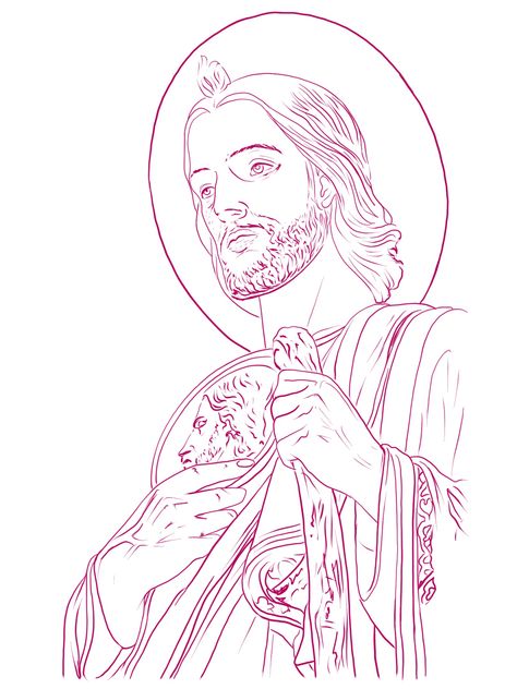 San Judas Outline, Saint Jude Drawing, Saint Jude Tattoo, San Judas Tattoo Design, San Judas Drawing, Cute Coloring Page, Aztec Drawing, Jesus Art Drawing, Tattoo Style Art