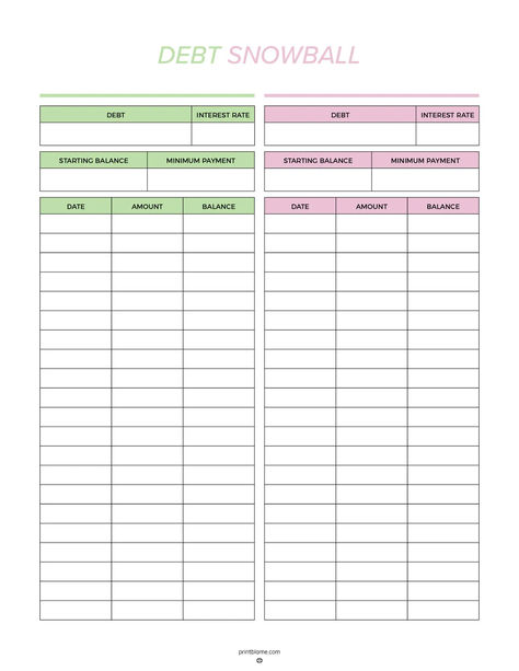 A debt snowball tracker printable with sections for tracking debt name, interest rate, starting balance, minimum payment, and columns for date, amount, and balance. Debt Chart Pay Off, Free Debt Tracker Printable, Snowball Method Pay Off Debt Printable, Free Printable Debt Payoff Tracker, Debt Snowball Worksheet Printable Free, Debt Payoff Printables Free, Debt Tracker Printable Free, Snowball Method Pay Off Debt, Printable Debt Payoff Tracker