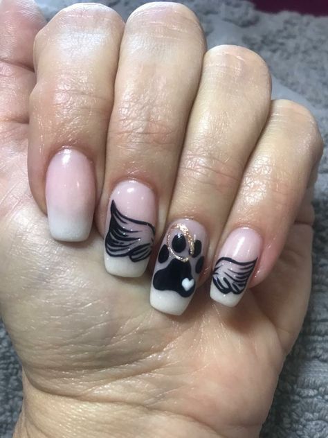 Acrylic Ombre with Hand Painted Paw and Angel Wings. Dog Paw Nails Design, Angel Wings Nail Art Design, Angel Wing Nails Acrylic, Dog Memorial Nails, Angel Wings Nails Designs, Angel Wing Nail Art, Nails With Dog Paws, Paw Nails Designs, Nails With Angel Wings