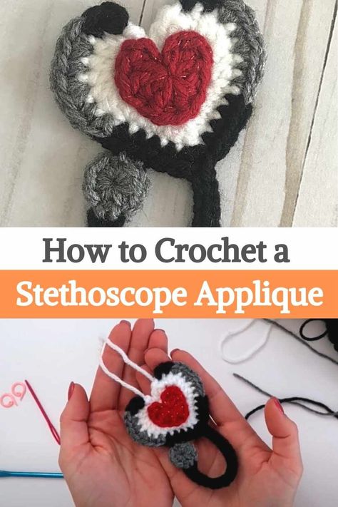 This time you will learn how to crochet a stethoscope with a heart ornament for gifts and many different projects! You can use it as an applique and sew it on a bag or blanket, use it as a gift ornament, or even a Christmas tree decoration! Do something very special for a doctor or nurse you know. For this project you will need different colored yarn, the author chose medium-weight red, white, black, and gray yarn in size 4, as well as a size L crochet hook, two stitch markers, a pair of... Nursing Crochet Pattern, Crochet For Doctors, Crochet Keychain For Nurse, Crochet Doctor Kit, Crochet Stethoscope Pattern Free, Sewing Gifts For Nurses, Nurse Crochet Pattern, Crochet For Nurses Gift Ideas, Diy Gifts For Doctors