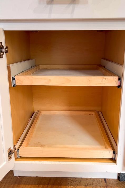 Since we've moved into this house I've been frustrated with the lower cabinets in our kitchen. There is a lot of space, but it is so hard to get to anything. I knew I wanted to install cabinet pullout drawers for two of the lower cabinets so we could better utilize this space. Let me show you how I did this simple project! Pull Out Cabinet Drawers, Cabinet Pullout, Pull Out Kitchen Cabinet, Lower Cabinets, Kitchen Cabinet Drawers, Diy Drawers, Kitchen Cabinet Remodel, Diy Kitchen Storage, Diy Kitchen Cabinets