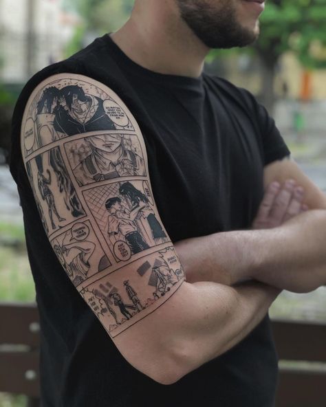 Manga Pannel Tattoos, Both Arms Tattoo Sleeve, Manga Page Tattoo, Anime Panels Tattoo, Anime Manga Tattoo Panels, Best Anime Tattoos, Manga Panel Tattoo Sleeve, Comic Book Tattoo Ideas, Manga Panel Tattoo Ideas