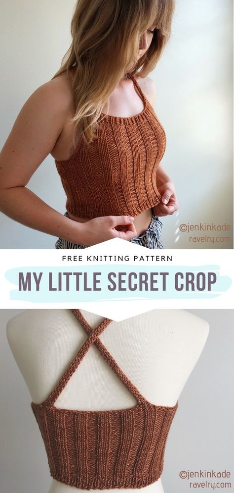 My Little Secret Crop Free Knitting Pattern  We can't keep this pattern a secret for another minute! Isn't it absolutely fabulous in its simplicity? We think it is a must-have in every fashion follower's summer wardrobe.   #knittop #knitsummertop #knitcroptop #freeknittingpattern Knitted Tank Top Pattern Free Simple, Knitting Halter Top, Crop Tops Knitting Patterns, One Yarn Ball Projects, Knitting A Crop Top, Cardigan Knit Pattern Free, Knitting T Shirt, Loom Knit Tank Top, Clothing Knitting Patterns