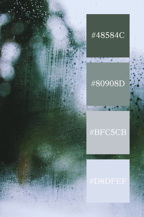 A blurred view through a rain-soaked window, with droplets streaking down, highlighting a subtle grey green color palette that evokes a peaceful, rainy day ambiance. Rainy Day Color Palette, Grey Green Color Palette, Rain Color Palette, Color Palette Code, Color Scheme Generator, Color Generator, Code Color, Flip Image, Green Color Palette