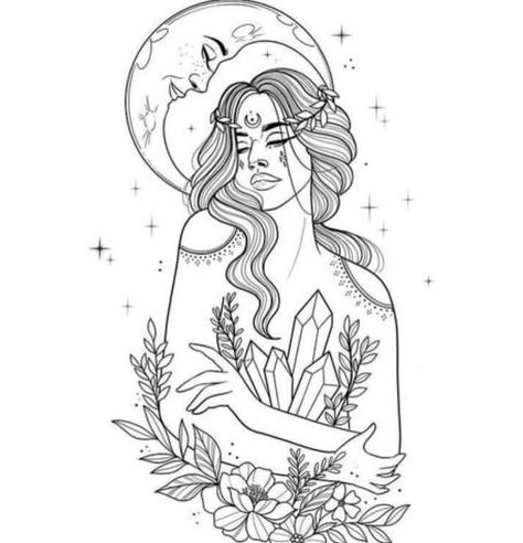 Artemis Goddess Tattoo Design, Celestial Goddess Tattoo, Selene Moon Goddess Tattoo, Celestial Woman Tattoo, Goddess Selene Tattoo, Lady Of The Moon Tattoo, Pachamama Tattoo Symbol, Selene Goddess Of The Moon Tattoo, Spiritual Tattoos For Women Universe