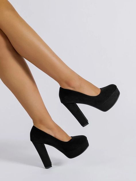 Faux Suede Chunky Heeled Court Pumps | SHEIN USA Black Heels Thick Heel, Goth Boots Women, Black Heels Closed Toe, Victorian Prom, Chunky Black Heels, Heels Outfits Dress, Black Closed Toe Heels, Summer Heels Outfit, Casual Heels Outfit