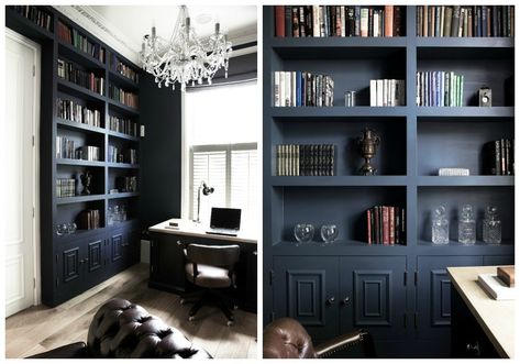 Farrow and Ball: Hague Blue - How to Use this Striking Colour in 2022 Farm Cabinets, Blue Library, Painting Bookcase, Unique Kitchen Design, Oak Interior, Visual Merchandiser, Hague Blue, Dark Blue Walls, Farrow And Ball