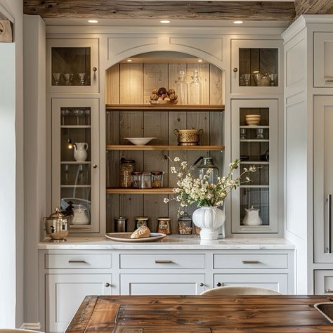 Dining Room Built In Cabinets Around Window, Vintage Hutch In Kitchen, Dining Room Built Ins Around Window, Dining Room Hutch Built In, Built In China Cabinet Kitchen, Hutch Bar Ideas, Hutch Decorating Ideas Display, Built In China Cabinet Dining Room, Dining Room Cabinets Built In Buffet