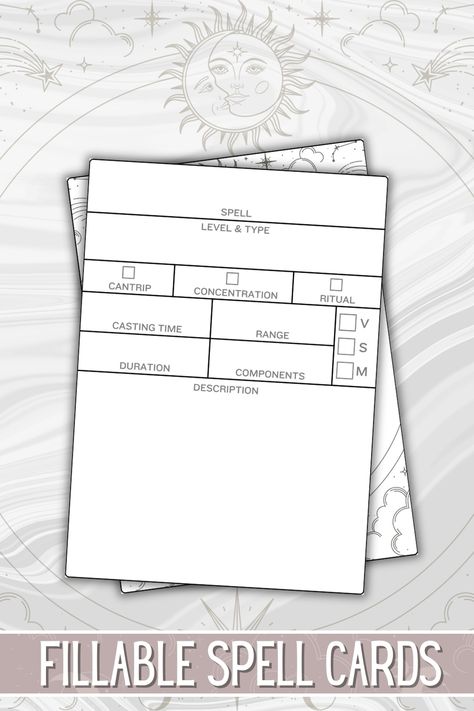 Always be prepared for battle with these beautifully designed and handy printable spell cards! They're the perfect way to quickly reference your spells in-game, making casting spells both in battle and out much easier and more efficient. No more searching desperately for your Spell Save DC, Range or Casting Time - everything is right at your fingertips with these customisable cards. 5e Spell Sheet, Dnd Spell Cards Template, Dnd 5e Spell Cards, 5e Spell Cards, Dnd Tips, Dnd Spell Cards, Warlock Spells, Dnd Journal, Dnd Spells