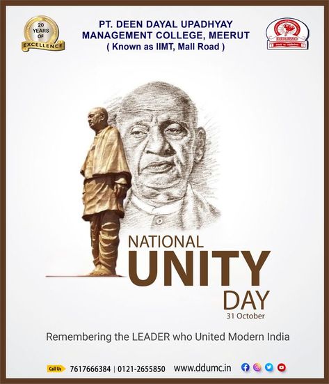 National Unity Day or Rashtriya Ekta Diwas is celebrated on October 31 every year. The Government of India introduced the day in 2014 to mark the birth anniversary of the Iron Man of India - Sardar Vallabhbhai Patel. http://ddumc.in #NationalUnityDay #RashtriyaEktaDiwas #BBA #BCA #QualityEducation #AdmissionOpen #admission2021 #Admission_Open #ptddumc Rashtriya Ekta Diwas, National Unity Day, Sardar Vallabhbhai Patel, Unity Day, Modern India, National Days, October 31, The Government, Iron Man