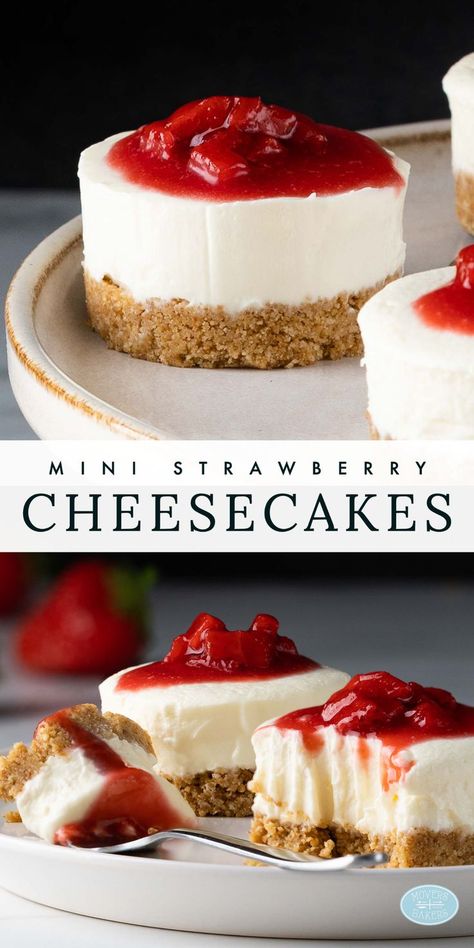 Mini no bake strawberry cheesecakes. A crumbly biscuit base, creamy no bake cheesecake filling and a rich strawberry topping. Recipe by movers and bakers Cheesecake Base Recipe, Homemade Strawberry Topping, Strawberry Cheesecake Recipe Easy, Strawberry Cheesecake No Bake, No Bake Cheesecakes, Mini No Bake Cheesecake, Vanilla Cheesecake Recipes, Strawberry Cheesecakes, Mini Strawberry Cheesecake