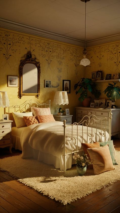 Step into a nostalgic retreat bathed in the gentle golden hue of early afternoon sunlight. This cozy bedroom, adorned with delicate floral patterns on vintage yellow wallpaper, radiates charm and warmth. At the center, a wrought iron bed dressed in plush white linens and pastel-colored cushions invites relaxation. Antique lamps with lace shades illuminate wooden nightstands, casting soft shadows. An ornate gold-framed mirror hangs above a classic wooden dresser, decorated with potted plants, framed photos, and a vintage clock. A soft, cream-colored rug adds comfort to this enchanting space, evoking a timeless sense of home and serenity. White Cast Iron Bed, Golden Bed Frame, Cast Iron Bed Frame Bedrooms, Vintage Yellow Wallpaper, Cast Iron Bed Frame, Wooden Nightstands, Victorian Style Bedroom, Cottage Core Interior, Vintage Color Schemes