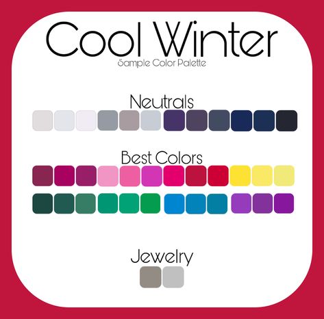 Sample palette for Cool Winter. Cool Winter Seasonal Color Palette, Cool Winter Color Palette Nails, Cool Winter Neutrals, Cool Winter Colour Palette, Winter Colour Palette Fashion, Cool Winter Outfits Palette, Winter Color Palette Clothes, Cool Winter Color Palette Outfits, True Winter Outfits