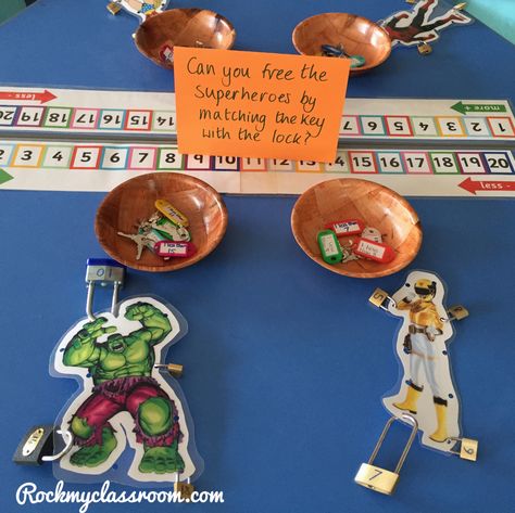 Free the superheroes by unlocking their padlock with the correct key - one less focus - EYFS. Superheroes Eyfs, Superhero Math, Toys Topic, Maths Help, Reception Maths, Foundation Maths, Superhero Training, Maths Eyfs, Eyfs Maths