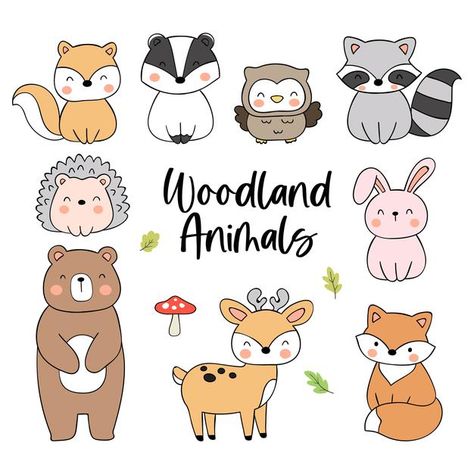 Woodland Animal Doodles, Woodland Cute Animals, Doodle Of Animals, Animal Characters Illustration, Cartoon Woodland Animals, Forest Animal Doodles, Forest Animal Drawings Easy, Cartoon Forest Animals, Cute Forest Animals Drawing