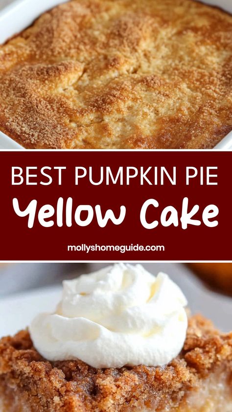 Indulge in the irresistible combination of pumpkin pie and yellow cake with this mouthwatering dessert recipe. The rich, spiced flavors of pumpkin pie meld perfectly with the buttery sweetness of yellow cake for a treat that is sure to satisfy any sweet tooth. Whether you're hosting a fall gathering or simply craving a cozy treat, this dessert is guaranteed to be a crowd-pleaser. Pumpkin Puree And Yellow Cake Mix Recipe, Yellow Cake Pumpkin Recipe, Pumpkin Cake Using Yellow Cake, Pumpkin Pie Cake Recipe Easy, Pumpkin Yellow Cake Mix Dessert, Pumpkin Crisp Yellow Cake, Easy Pumpkin Pie Cake, Pumpkin Squares Recipe Yellow Cakes, Pumpkin Dump Cake Recipe Yellow Cake