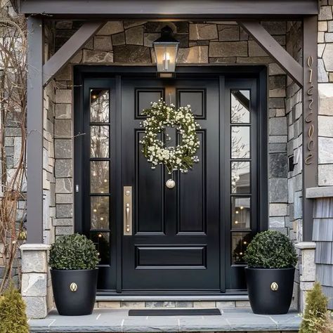 Black Doors Exterior Front Entry, Front Exterior Doors, Stone Front House, Dark Weddings, Black Entry Doors, House Inspection, Black Front Door, Front Door Inspiration, Coastal Exterior