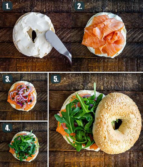 Bagel Fillings Ideas Lunch, Lunch Bagel Ideas, Bagel With Salmon, Cream Cheese Bagel Ideas, Sweet Bagel Ideas, Bagel Recipe Sandwich, Bagel Fillings Ideas, Salmon Cream Cheese Bagel, Bagels Sandwich