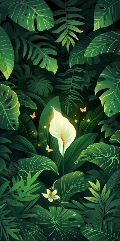 The image is a beautiful illustration of a lush tropical rainforest. The foreground is filled with a variety of green leaves and plants, while the background is a darker green ->> more details in ai-img-gen.com Jungle Foliage Illustration, Plant Graphic Illustration, Jungle Leaves Illustration, Tropical Forest Illustration, Leaves Graphic Design, Tropical Plants Illustration, Green Leaves Aesthetic, Rainforest Illustration, Tropical Leaves Illustration