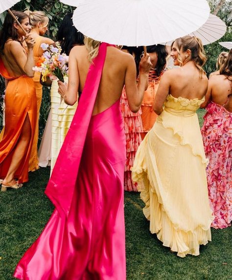 This is your sign to have your bridesmaids in a sunset colour palette🩷🧡💛⁠ ⁠ Loving these looks (and you know we lurrrrv a parasol moment!)✨️⁠ ⁠ -⁠ ⁠ Repost @mumuweddings⁠ Photos by @ritalabib Bridesmaid Dresses Color Palette, Bridesmaid Color Palette, Rainbow Bridesmaids, After Party Dress, Party Dress Codes, Orange Bridesmaid, Yellow Bridesmaids, Black Tie Wedding Guests, Orange Bridesmaid Dresses