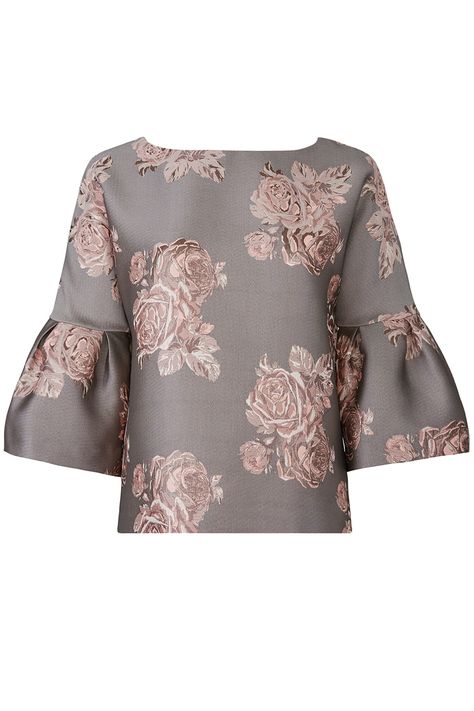 Badgley Mischka Floral Jacquard Top Kitenge Designs, Long Wrap Dress, Flower Print Top, Jacquard Top, Oversize Sleeves, Diy Fashion Clothing, Floral Jacquard, Brown Top, Top Floral