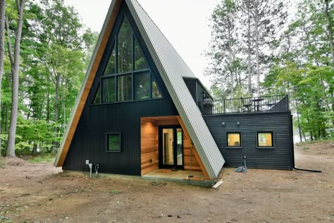 New Contemporary A-Frame Home Built by Hill Construction A Frame House With Garage, A Frame Exterior, Modern A Frame House, A Frame Ideas, A Frame Homes, Modern A Frame Cabin, Frame Cabin Plans, A Frame Houses, A Frame Cabin Plans