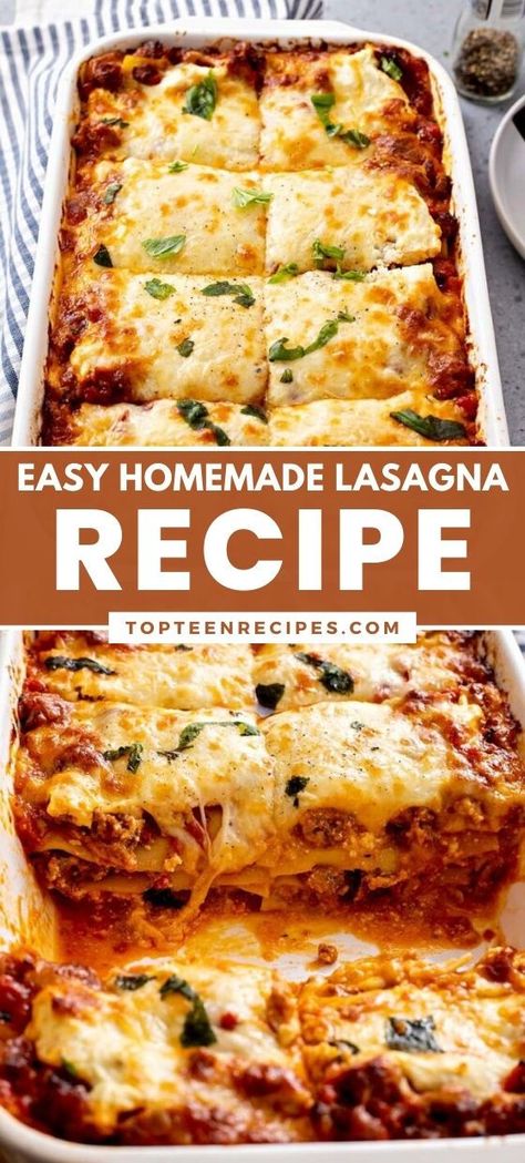 This Simple and easy homemade lasagna recipe is filled with rich tomato/beef sauce, ricotta, mozzarella, and Parmesan cheese between lasagna noodles. Recipes With Ricotta Cheese, Recipes With Ricotta, Easy Lasagna Recipe With Ricotta, Lasagna With Ricotta Cheese, Easy Homemade Lasagna, Beef Lasagna Recipe, Tomato Beef, Homemade Lasagna Recipes, Lasagna Recipe With Ricotta