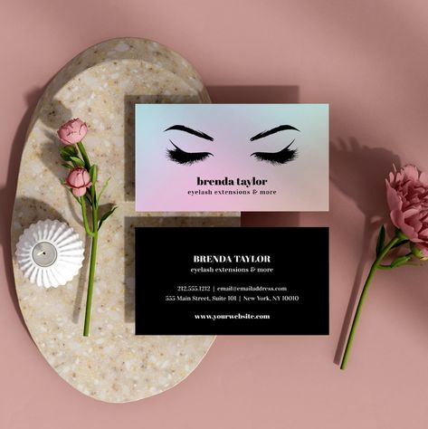 Makeup Artist Business Cards Design, Rose Gold Background, Sophisticated Business Card, Minimalistic Illustration, Rose Gold Backgrounds, Holographic Background, Makeup Artist Business Cards, Professional Business Card, Brow Bar