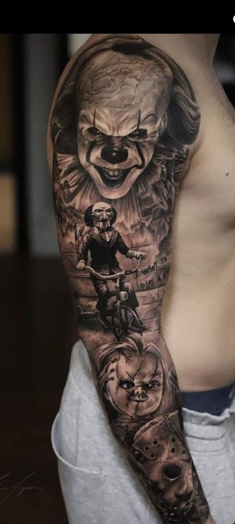 Micheal Myers Tattoo, Pennywise Tattoo, Chucky Tattoo, Halloween Tattoos Sleeve, Horror Movie Tattoos, Egyptian Tattoo Sleeve, Clown Tattoo, Movie Tattoo, Full Sleeve Tattoo Design