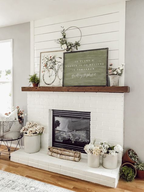 White Brick Fireplace With Shiplap Wall, White Brick And Shiplap Fireplace, Accent Wall With White Fireplace, Paint Fireplace Brick, How To Paint Fireplace, White Painted Fireplace, New Home Decor Ideas, Fireplace Accent Walls, Fireplace Brick