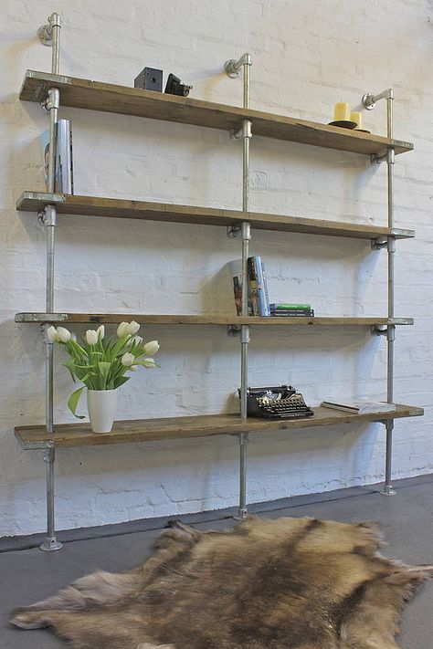 Anna Reclaimed Wood And Steel Pipe Urban Bookcase Tv Shelving Unit, Steel Pipe Shelving, Tv Shelving, Shelving Unit Bedroom, Industrial Shelves, Glass Shelves Decor, Pipe Shelving, Sophisticated Casual, Basement Laundry Room