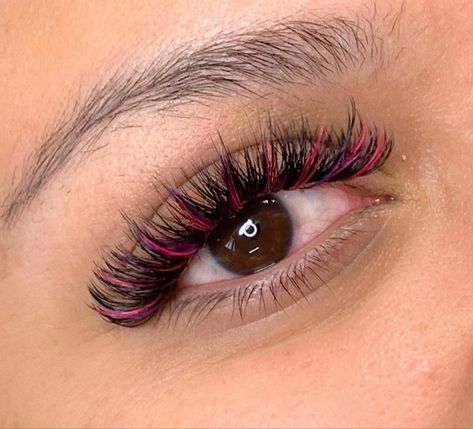 Hot Pink Lash Extensions, Black And Pink Lash Extensions, Pink And Black Eyelash Extensions, Pink Lash Extensions Styles, Hybrid Lash Extensions With Color, Colored Lash Extensions Pink, Colour Lashes Extensions, Colourful Lashes, Red Lash Extensions