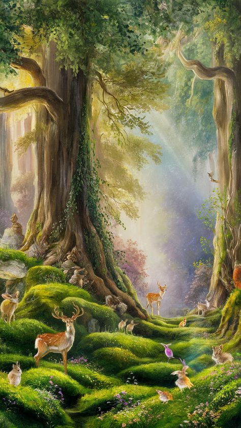 Immerse yourself in this enchanting woodland scene, where towering ancient trees and dappled sunlight create a tranquil escape. Experience the harmony of whimsical creatures in a lush forest, captured in soft brush strokes inspired by Impressionism. The vibrant hues and luminous mist evoke a peaceful atmosphere, reminiscent of Romantic landscapes. Discover nature's beauty and serenity today. #WoodlandArt #Impressionism #NatureLovers #SereneLandscapes Forest Sunlight Painting, Whimsical Forest Painting, Whimsical Forest Art, Whimsical Creatures, Dappled Sunlight, Forest Setting, Ancient Trees, Lush Forest, Woodland Art